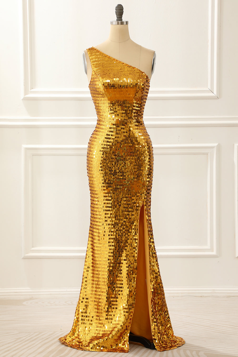 Luolandi One Shoulder Gold Sparkly Prom Dress With Slit Floor Length Evening Dress